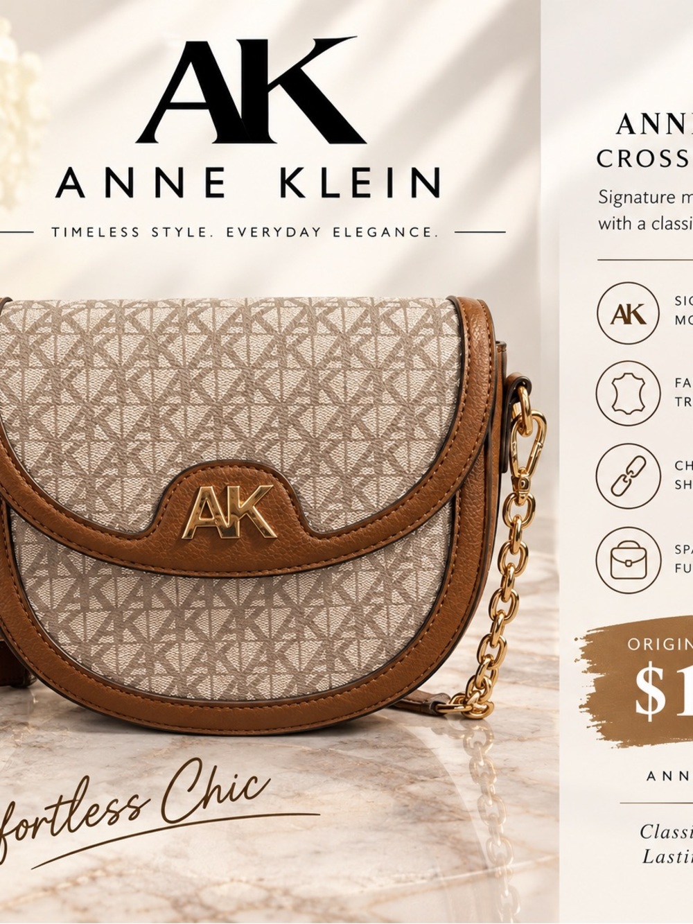 Anne Klein Tan & Cream Signature AK Chain Crossbody